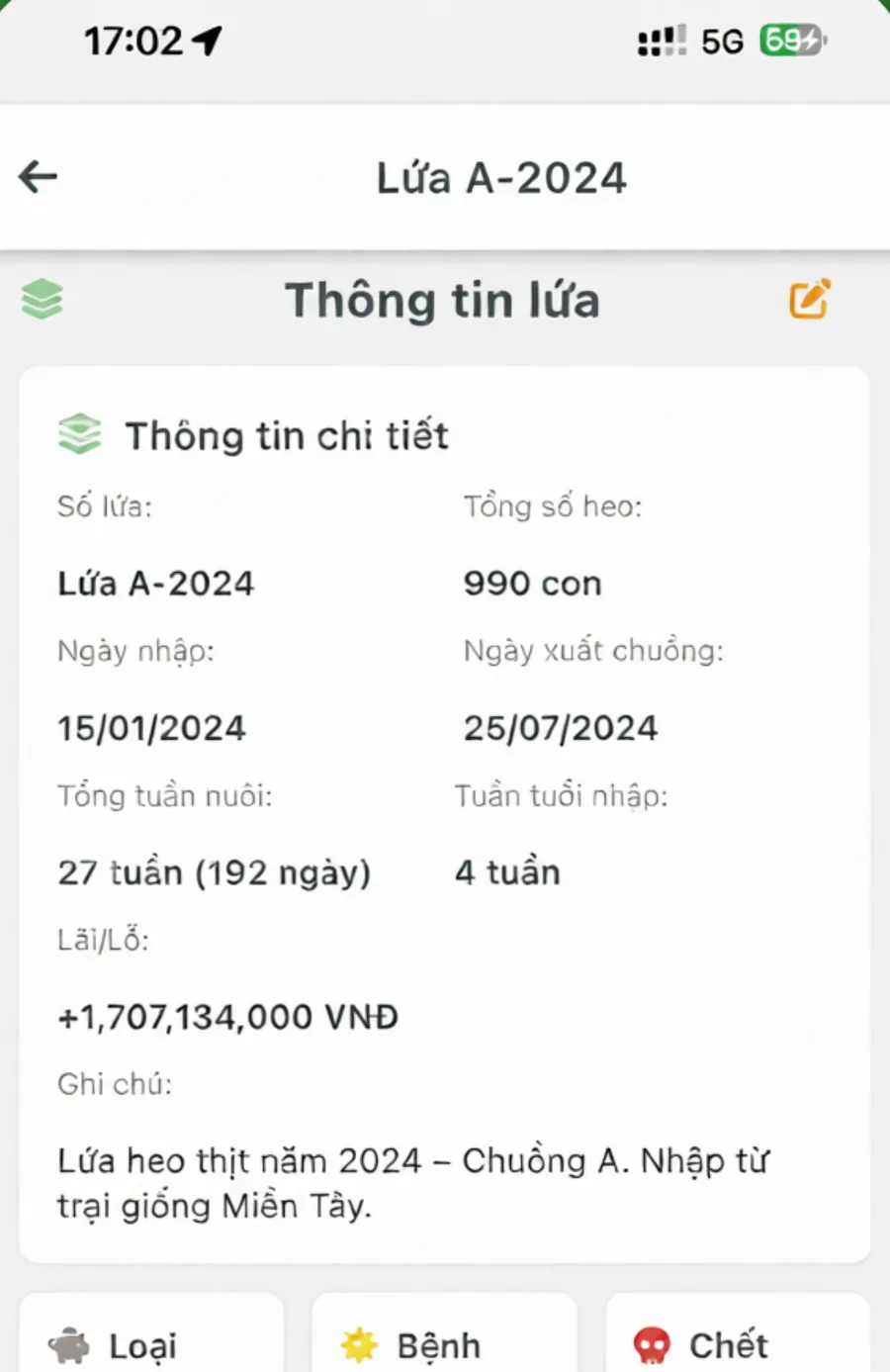 Màn hình thông tin lứa heo: số heo, ngày nhập, ngày xuất chuồng, lãi lỗ