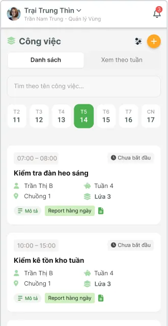 Danh sách công việc trong ngày trên PigFarm
