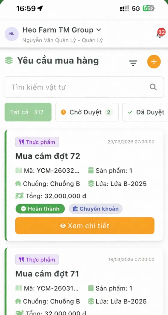 Màn hình danh sách đề xuất mua vật tư
